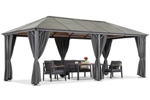 Milos tuinhuisje 3x6 met grijze gordijnen