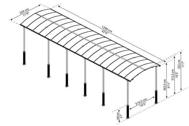 Wymiary produktu Carport en polycarbonate pour camping car Arcadia Alpine Palram - Canopia 3,6 x 12,7 m (1) - 359x1285x352