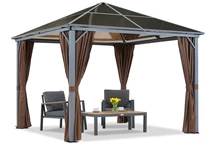 Milos tuinhuisje 3x3m met bruine gordijnen Tuinpunt