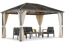 Milos tuinhuisje 3x4m met crèmekleurige gordijnen Tuinpunt