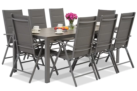 Garden Point grijze aluminium tuinmeubelen met grote Polywood Verona tafel voor 8 personen