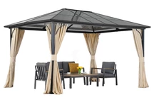 Modern tuinhuisje Santiago 4x3m met Tuinpunt gordijnen beige