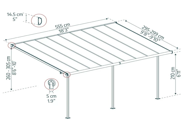 Wymiary produktu Abri de terrasse en aluminium Sierra Palram - Auvent 3 x 5,46 m blanc - 555x299x260